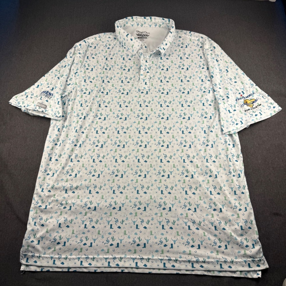 Straight Down Performance Mens XXL Golf Polo White Western Print Fort Stockton - Picture 2 of 13
